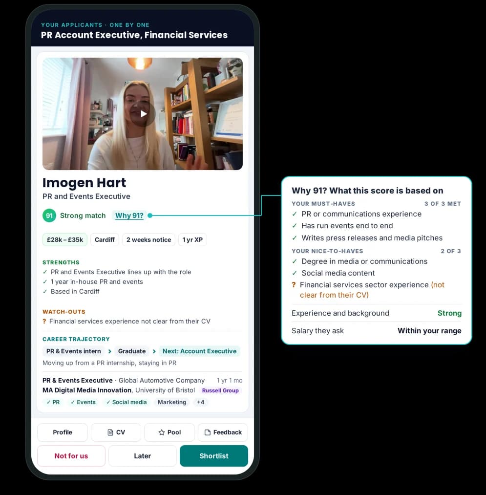 A hiring manager's phone on The Opportunity Hub: the candidate's video first, then their name, match score, salary, location and experience, with a panel explaining what the score is based on